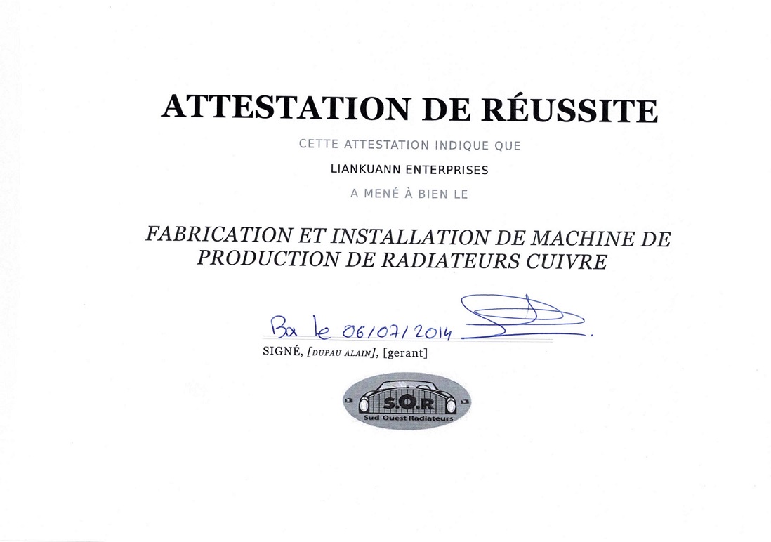 Certificado de satisfacción de Francia